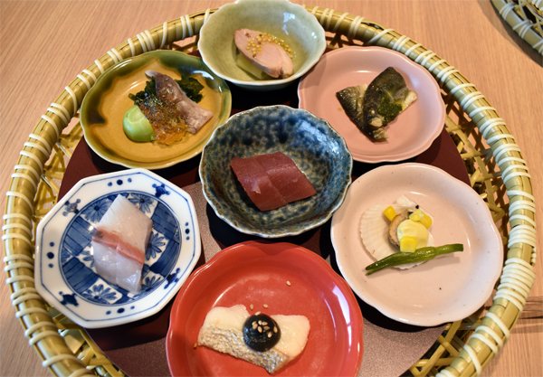 A Japanese tasting platter of small dishes
